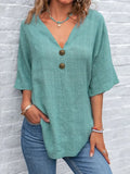 Fashion V Neck Solid Colors Linen Cotton Blouse Street Loose Button Short Sleeve Casual Loose Tunic Shirt for Woman Clothing Top