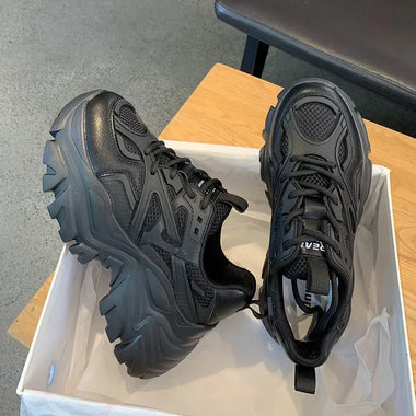 Women New Fashion Platform Sport Shoes Women 2026 New Summer Black Casual Chunky Sneakers Women Mesh Leather Platform Shoes
