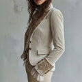 2026 European Women Flare Sleeve Blazer Velvet Pocket Print Notch Lapel Long Sleeve Suit Jacket