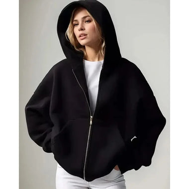 2026 Women Solid Full Zip Up Hoodie Casual Loose Pocket Hooded Jacket Soft Long Sleeve Sweatshirt Autumn Winter Couple Outerwear