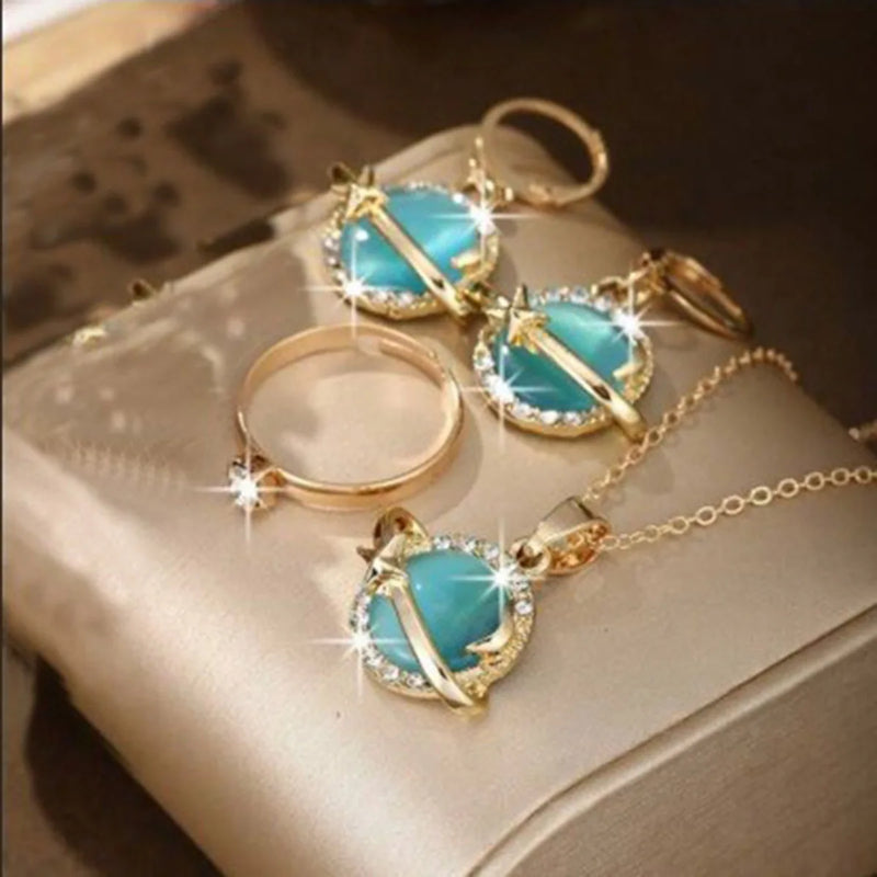 4PcsPlanet Star Jewelry Set for Women Golden Color Blue Round Stone Pendant Necklace Earrings Ring Fashion Party Costume Jewelr