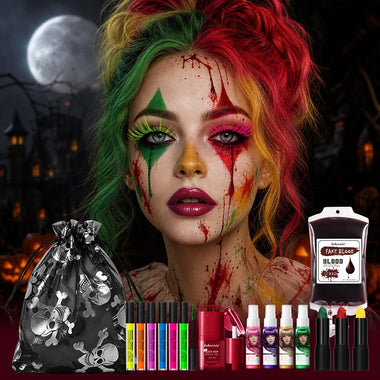 Halloween Clown Makeup Kit High Saturated Multi Color Long Lasting Easy Off Skin Safe Various Clown Looks Cosplay Party Dress Up