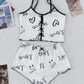 Sexy Sleepwear Women Pajamas Set Heart Print Silk Stain V-Neck Sleeveless Casual Cami Top and Shorts Sets Home Suit Loungewear
