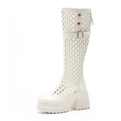 2025 10cm Synthetic Microfiber Leather Knee High Booties Motorcycle Boots Flats ZIP Ankle Booties Punk Platform Wedge Women