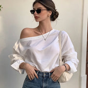 Women's Blouse Summer Long Sleeve Loose Fit Casual Women's White Shirt Top Asymmetrical Off Shoulder Female Skew Collar Blouses