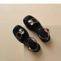 Summer Soft Leather Retro Fashion Sandals Women's Open Toe Single Strap Low Heel Shoes Metal Buckle Roman Shoes 2025