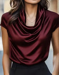 Women Satin Cowl Neck Blouse Cap Short Sleeve Solid Color Elegant Office Lady Shirt Tops
