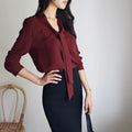 Gidyq Fashion Women Chiffon Shirt Korean Elegant Bandage Loose Long Sleeve Tops Casual All Match Office Ladies Pullover Blouse