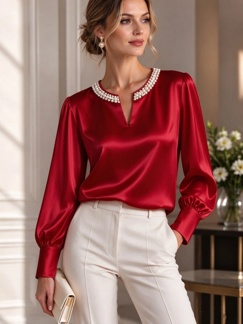 Women Satin V Neck Blouse Pearl Beaded Collar Long Sleeve Elegant Office Shirt Top