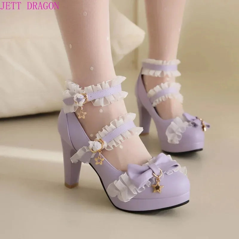 Pumps Women's Shoes Spring and Autumn New Style Fashion Shallow Mouth Butterfly-knot Sweet Lolita  Lace Party Plus Size 45