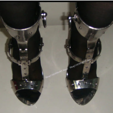 Silver Lock Buckle Rivet Sandals Thin High Heel Peep Toe Fashion Sexy Cool 2025 Summer Big Size Woman Shoes Zapatillas Mujer