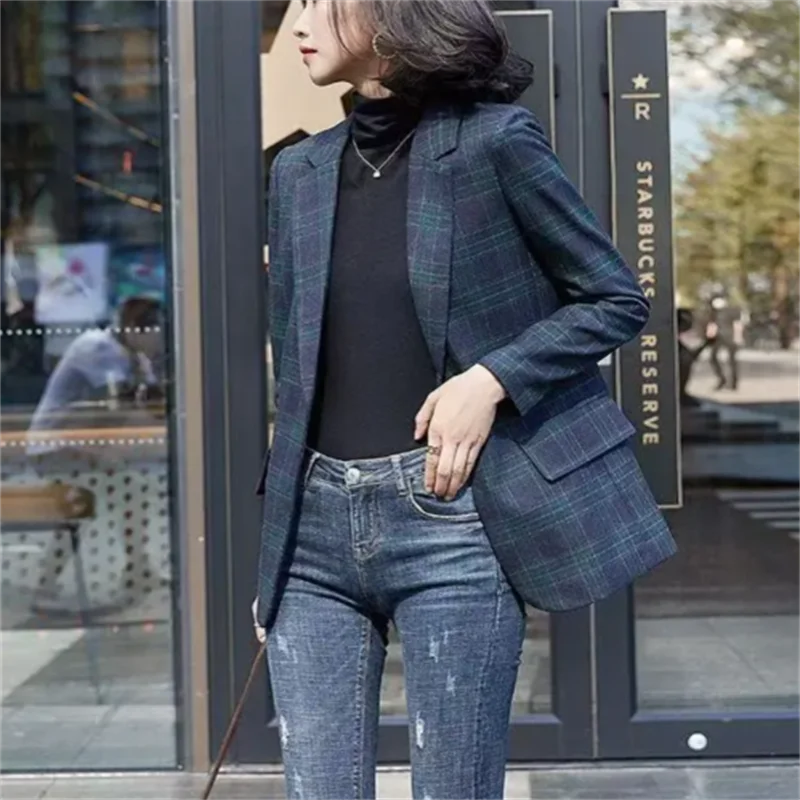Vintage Women's Blazer Checked Plaid Fashionable Suit Jacket Thin Coats patchwork pocket coat OLCasual Outwear Suits