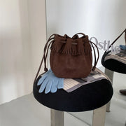 Korean Style Leopard Shoulder Bag for Women New Niche Tassel Faux Suede Bucket Bag Casual Lightweight Drawstring Crossbody Bag