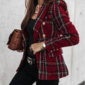 Casual Buttons Autumn Blazer Female Outerwear New Women Vintage Long Sleeve Double Breasted Plaid Blazer Coat Flap Pockets
