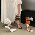 Women Sandals Sexy Snake Shaped Elastic Strap Women Gladiator Sandals Fashion Rhinestones Fur Decor Stiletto High Heels Summer Wedding Shoes