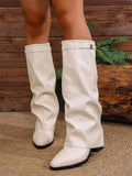 Winter Women's Fashion Folding Knee-high Boots Solid Color Non-slip Thick-soled Wide-leg PU Leather Fashion Boots Botas Mujer