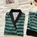 Green Plaid Pajamas Long Sleeve Lapel Shirt Pants Women Ice Silk Sleepwear Summer Autumn New Home Clothes Rayon Loungewear