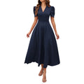 New Women's Short Sleeve Dress Spring and Summer High Waist Pullover V-Neck Dresses Fashion Female Casual Long Dresses