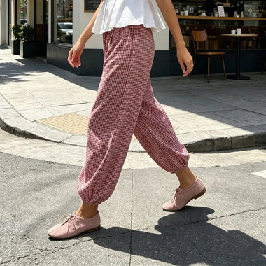 Women Pants New Ladies Vintage New Pants Women Chic Lace-Up Plaid Drawstring Beach Vacation Casual Lantern Pants Women Trousers Long Pant Female