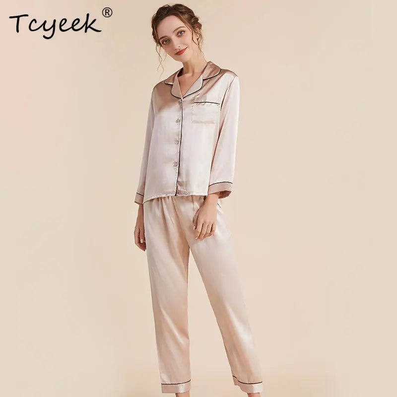 Tcyeek, 100%Real Silk Casual Pajamas Set, Women Long Sleeve Top Pants, Solid Home Clothing Set, 2024 Summer Autumn S48024QC