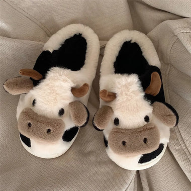 Women Slippers Cow for Winter Home Slippers for Couples Warm Plush Neutral Cartoon Cow Indoor Anti Slip Comfortable Cotton Slippers for Men and Women
