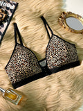 S-XL Women's Sexy Plunge Leopard Print Push Up Bra Wireless Unlined Comfortable Lingerie