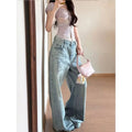 Heavy Duty Rhinestone Denim Jeans Women's Street Style Loose Wide Leg Floor Length Blue Long Trousers 2026 Spring Summer New Arr