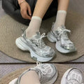 Women Mesh Chunky Sneakers Silver White Platform Thick Sole Breathable Lace Up Casual Dad Shoes Non Slip Walking Footwear