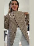 2026 Spring Plaid Women Blazer Coat Chic Long Sleeve Stand Collar Loose Female New Jacket Vintage Lady Outwear Commute