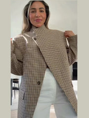 2026 Spring Plaid Women Blazer Coat Chic Long Sleeve Stand Collar Loose Female New Jacket Vintage Lady Outwear Commute