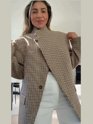 2026 Spring Plaid Women Blazer Coat Chic Long Sleeve Stand Collar Loose Female New Jacket Vintage Lady Outwear Commute