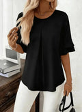 Women Round Neck Double Ruffle Half Sleeve Blouse Solid Front Pleat Loose Flowy Chiffon Tunic Top Office Casual Shirt