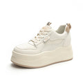 Womens White Leather Platform Sneakers Hidden Heel Lift Casual Low Top Lace Up Shoes With Black Accent For Daily Street Style