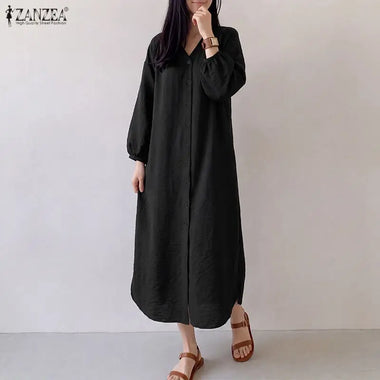 Dress Casual ZANZEA Women Shirt Dress V Neck Button Lantern Three Quarter Sleeve OL Party Solid Side Split Oversized Midi Long Dress