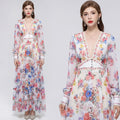 Women's Deep V-Neck Bohemian Dress Long Sleeve Floral Print Ruffle Hem Casual Spring Summer Runway Style Sweet Cascading Dress