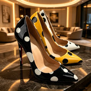 Black and White Polka Dot Pointed High Heels, Women's Patent Leather Fine Order Shoes, sexy French Style Commuting Women's Shoes