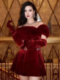 Party dress LGRQ 2026 new autumn and winter fashion women clothes slash color off the shouder red fur slim dress party vestido WQ1005803L