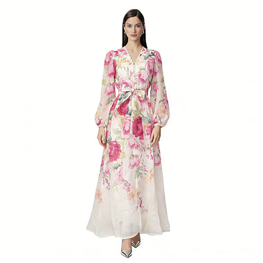 Women's Summer Bohemian Long Dress V-Neck Puff Sleeve Floral Print Bandage Lace up Robe Elegant Vestidos