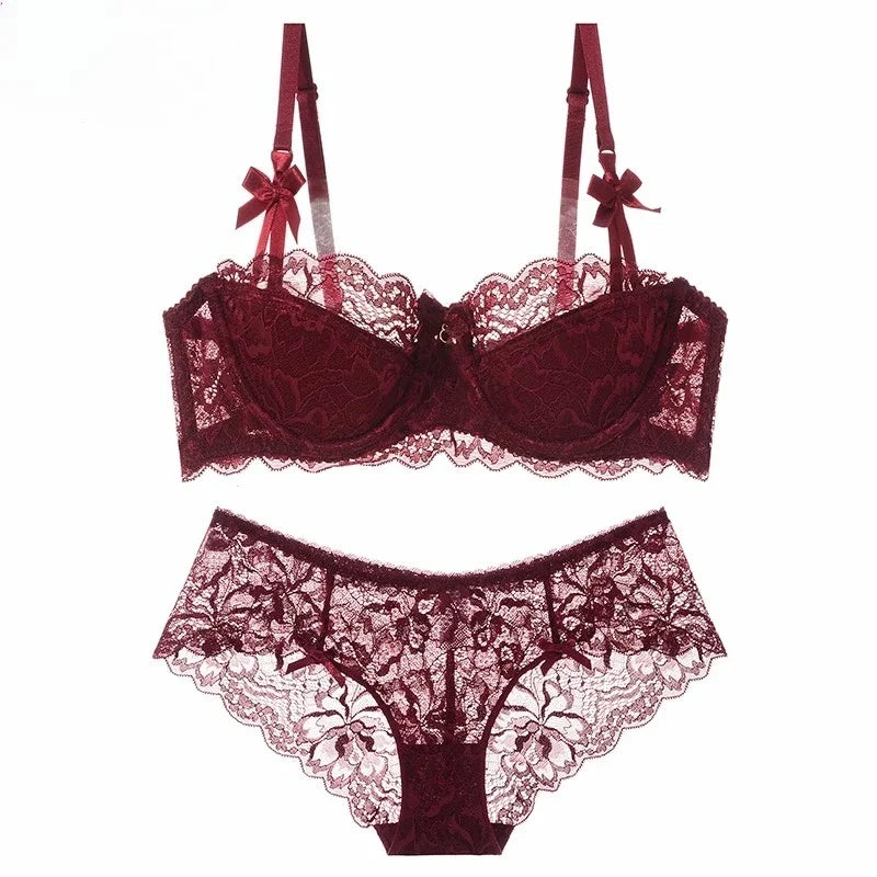 MOYISU Summer Panty Bra Set Sheer French Lace Minimiser Bra Briefs Ultra Thin Women's Underwear Big Bust  Sensual Lingerie Set