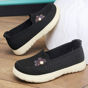 Women Hollow Fly Woven Mesh Slip On Flats Pearl Flower Decor Soft Thick Sole Breathable Elderly Mom Walking Casual Shoes