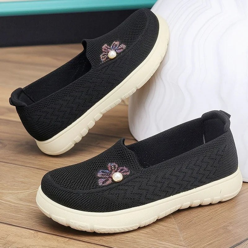 Women Hollow Fly Woven Mesh Slip On Flats Pearl Flower Decor Soft Thick Sole Breathable Elderly Mom Walking Casual Shoes
