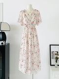 Women Summer V Neck Floral Print Chiffon Maxi Dress Short Sleeve High Waist A Line Long Dress Elegant Casual Party Vestidos