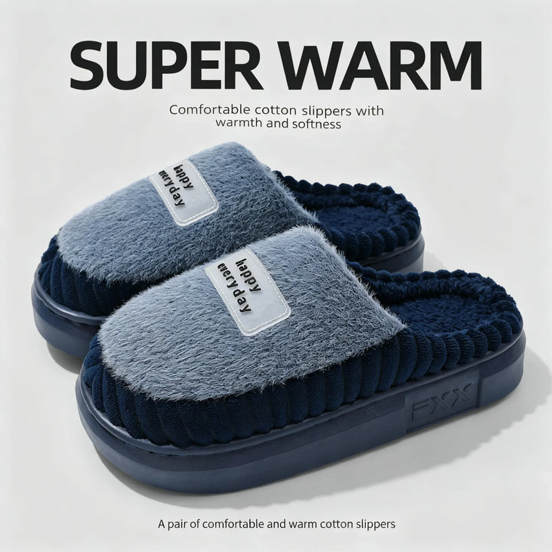 Winter Warm Slippers Women Men Thick Plush Platform EVA Shoes Silent Non-Slip Outdoor Indoor House Slides Cozy Bedroom Mules