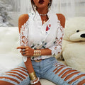 Women's Sexy Hollow Out Print Blouses Elegant Short Sleeve Lace Shirt V-Neck Female Strapless Blouse Casual Tops Summer 19361