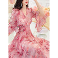 Korean Femme Sweet V-neck Dress Summer Lady Seven Divide Sleeve Long Dresses Women Fashion High Waisted Chiffon A-line Maxi Dres