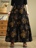 Jeans Retro Autumn Flower Floral Print Fashion Elastic High Waist Ladies Trousers Oversized Long Women Loose Woman Denim Pants