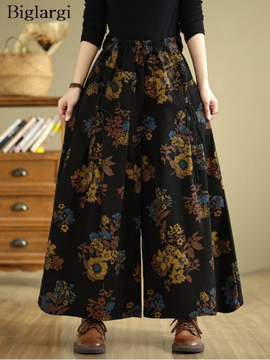Jeans Retro Autumn Flower Floral Print Fashion Elastic High Waist Ladies Trousers Oversized Long Women Loose Woman Denim Pants