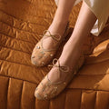 YNPO Fashion Lace Up Mary Jane Shoes Women Elegant Ballet Flats Crystal Rhinestone Mesh Round Toe Loafers Ladies Mules Sandals
