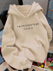 Women Oversized Pullover Hoodie Autumn Winter, Faith Over Fear Letter Print Hooded Sweatshirt, Loose Casual Long Sleeve
