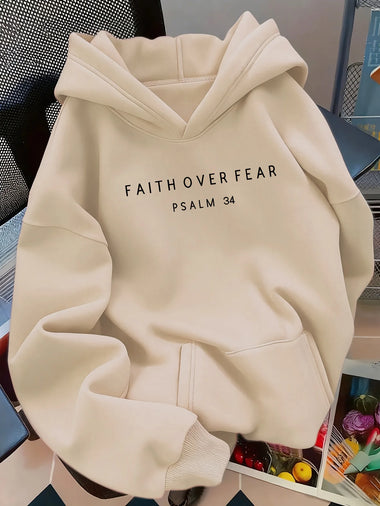 Women Oversized Pullover Hoodie Autumn Winter, Faith Over Fear Letter Print Hooded Sweatshirt, Loose Casual Long Sleeve
